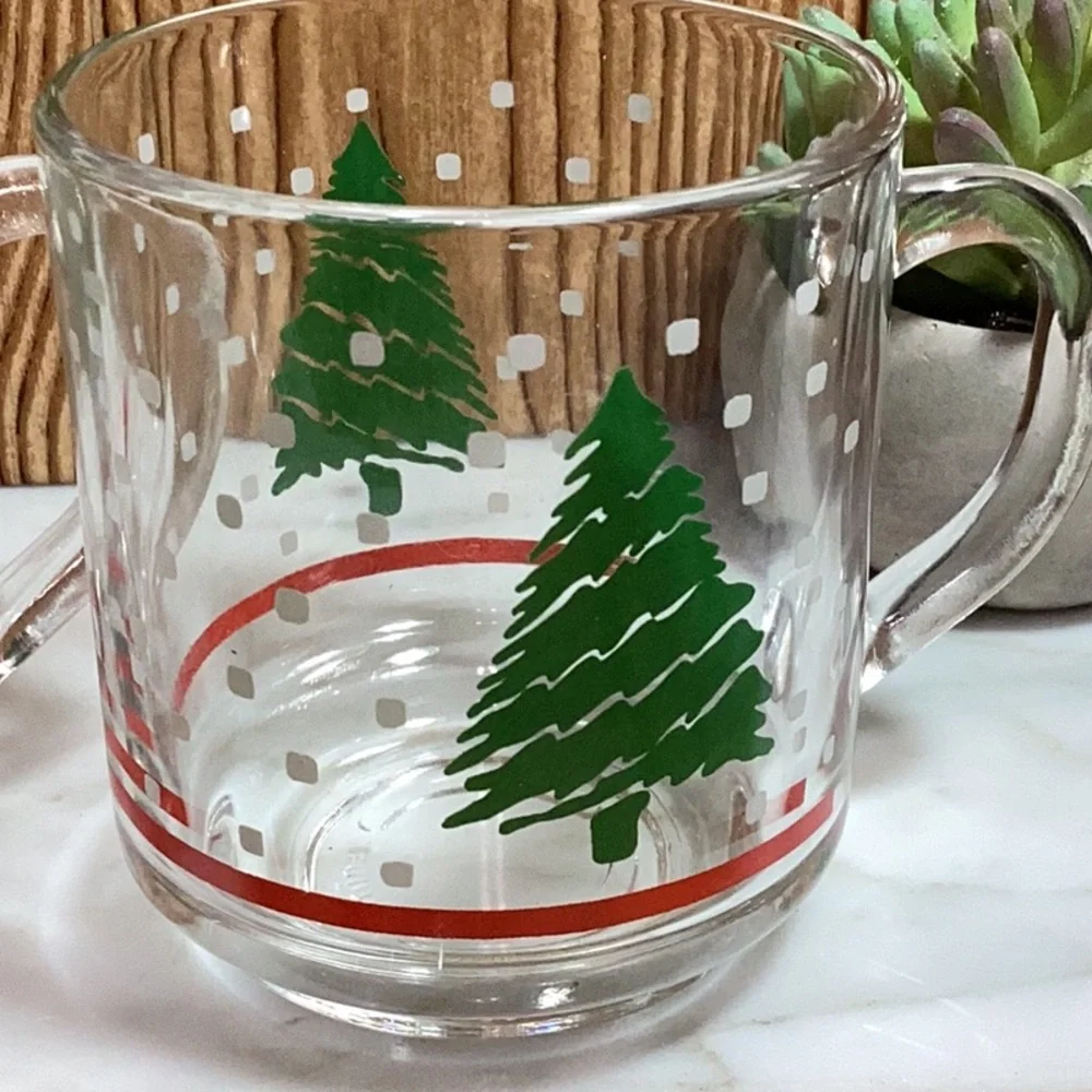 Vintage Luminarc Glass Mugs with Christmas Tree Design with Snow Lot of 6